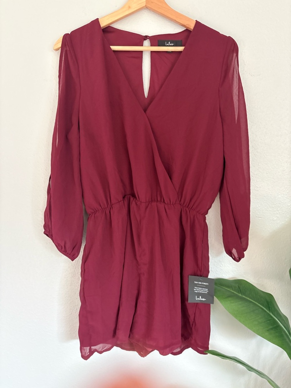 Lulu's Wine Red Surplice Long Sleeve Romper